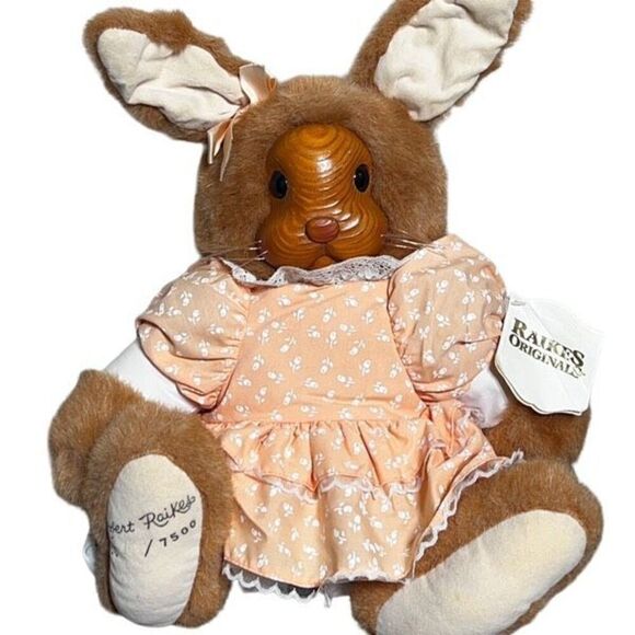 Robert Raikes 15" Aunt MaryLou Wooden Face Bunny Rabbit Plush Toy - Picture 1 of 6
